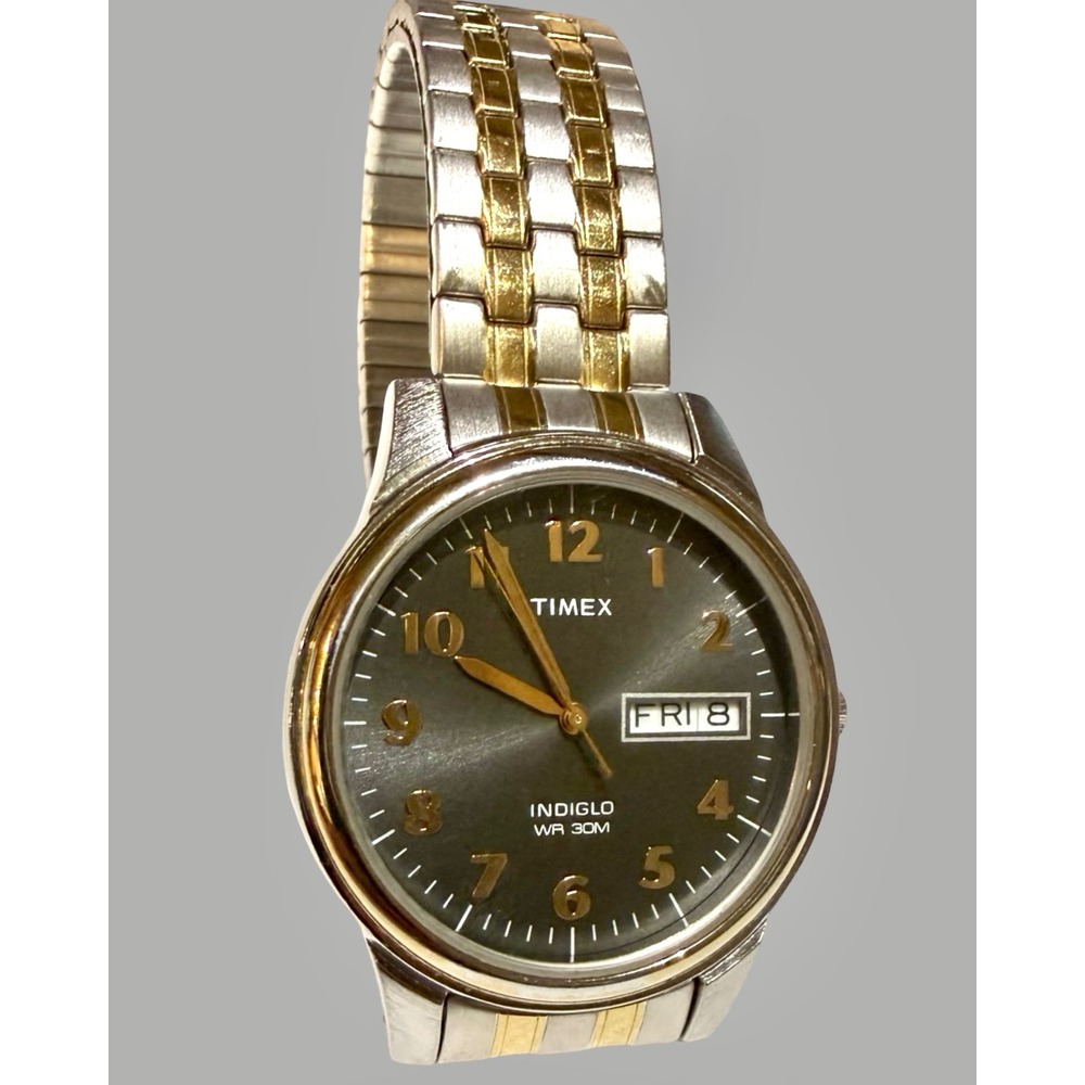 Timex T2G487 Indiglo Day Date Two Tone Stainless Steel Quartz Men's Watch Runs